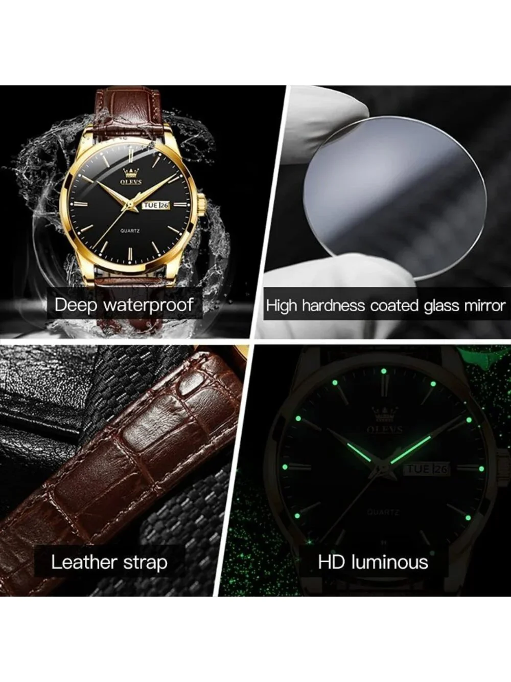 Men's Brown Strap and Black Dial Leather Band Quartz Waterproof Date Wrist Watch